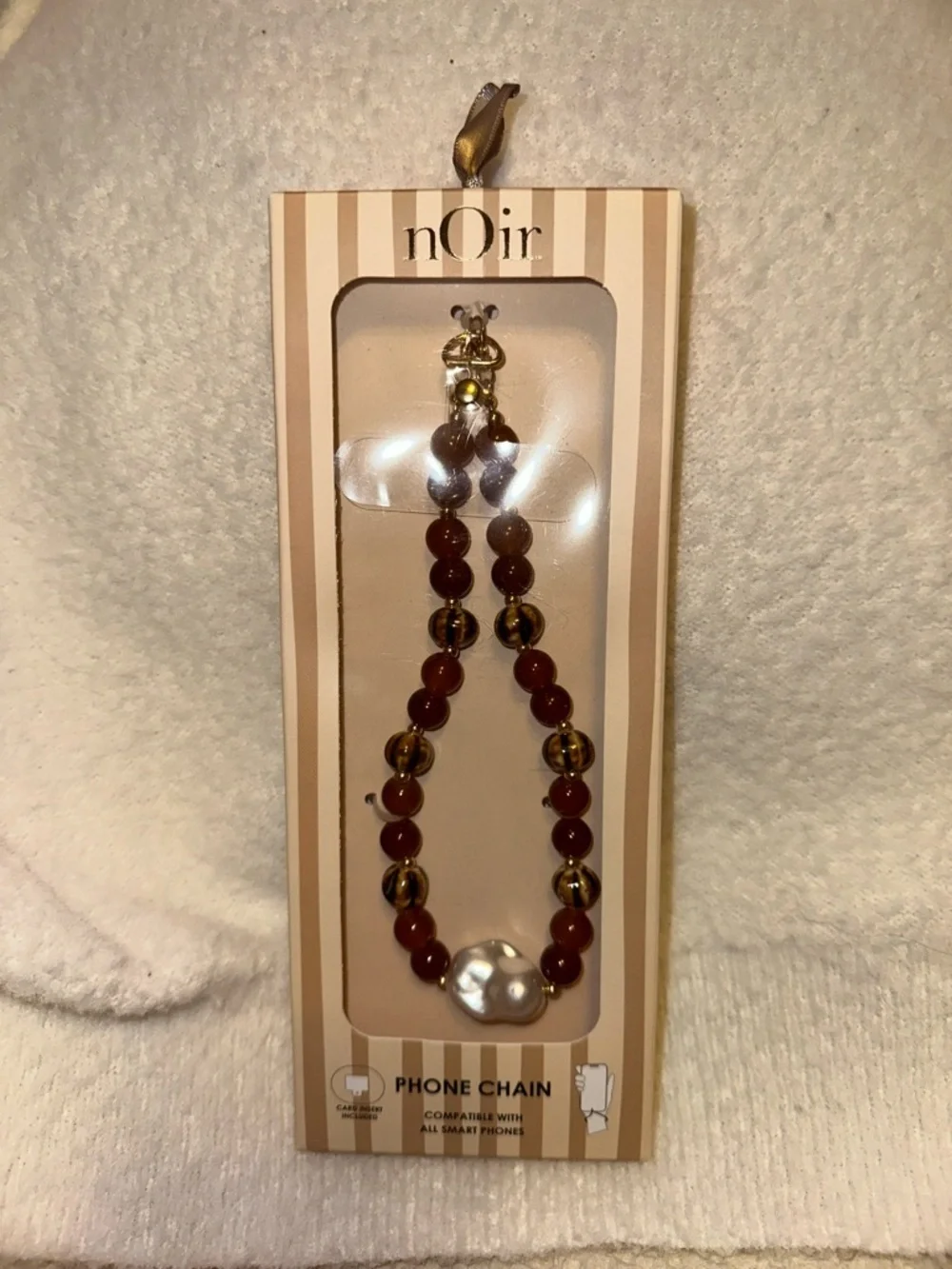 nOir Jewelry Brown and Gold Beaded Phone Chain with Pearl Accent